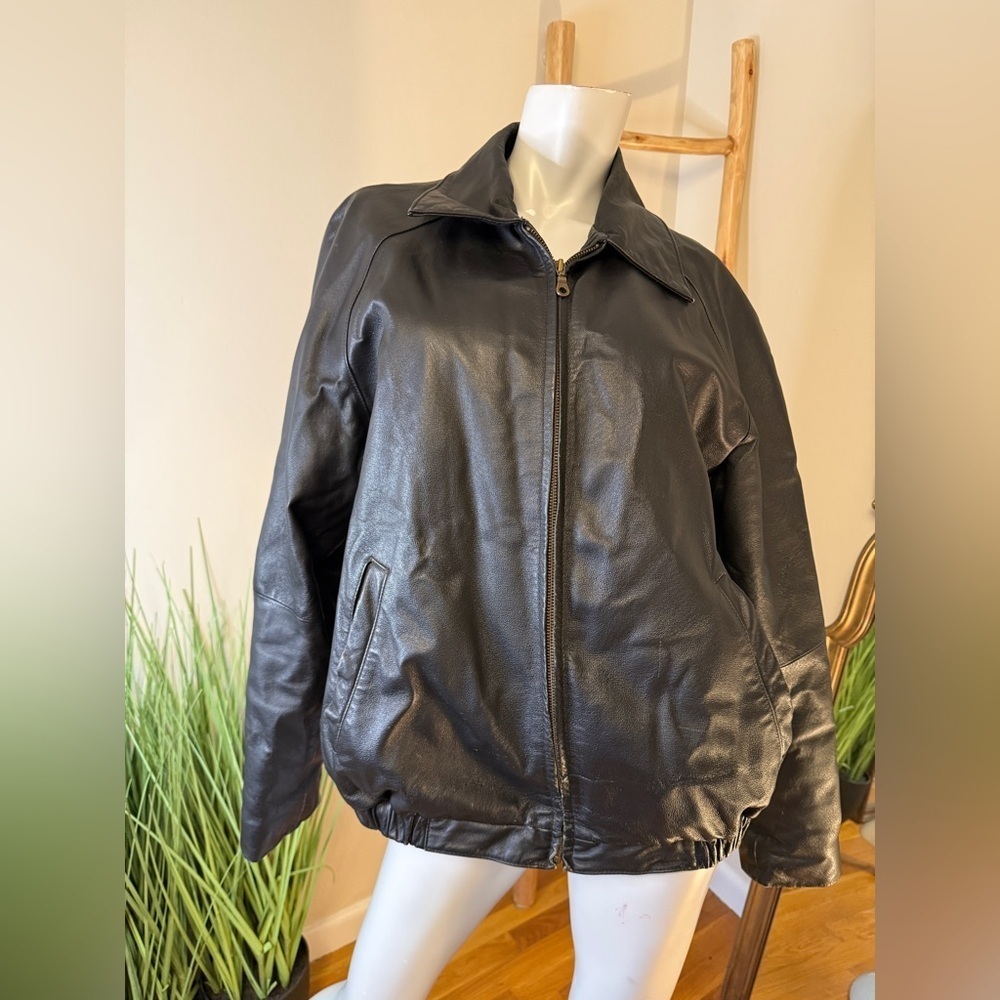 Covington Genuine Leather Jacket (XL) Black zip up bomber VINTAGE 90's Y2K